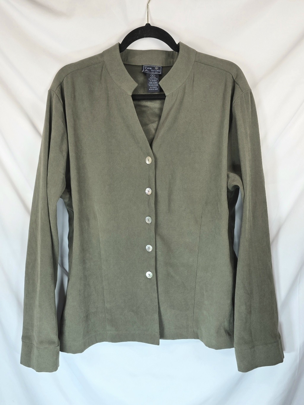 Jane Ashley Women XL Olive Green Suede-Like Shirt Cabincore Utility Long Sleeve